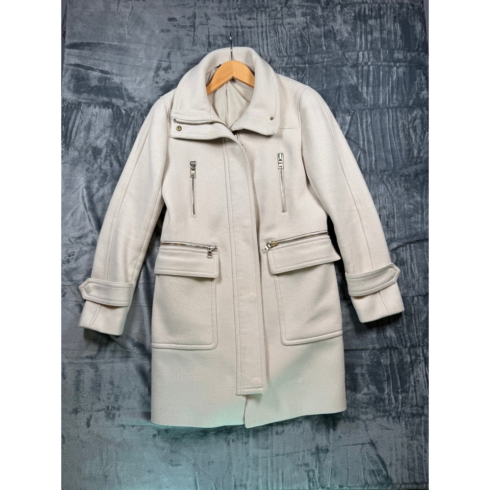 Ann Taylor Womens Small Cream Wool Blend Funnel Neck Zip Front Mid Length Coat